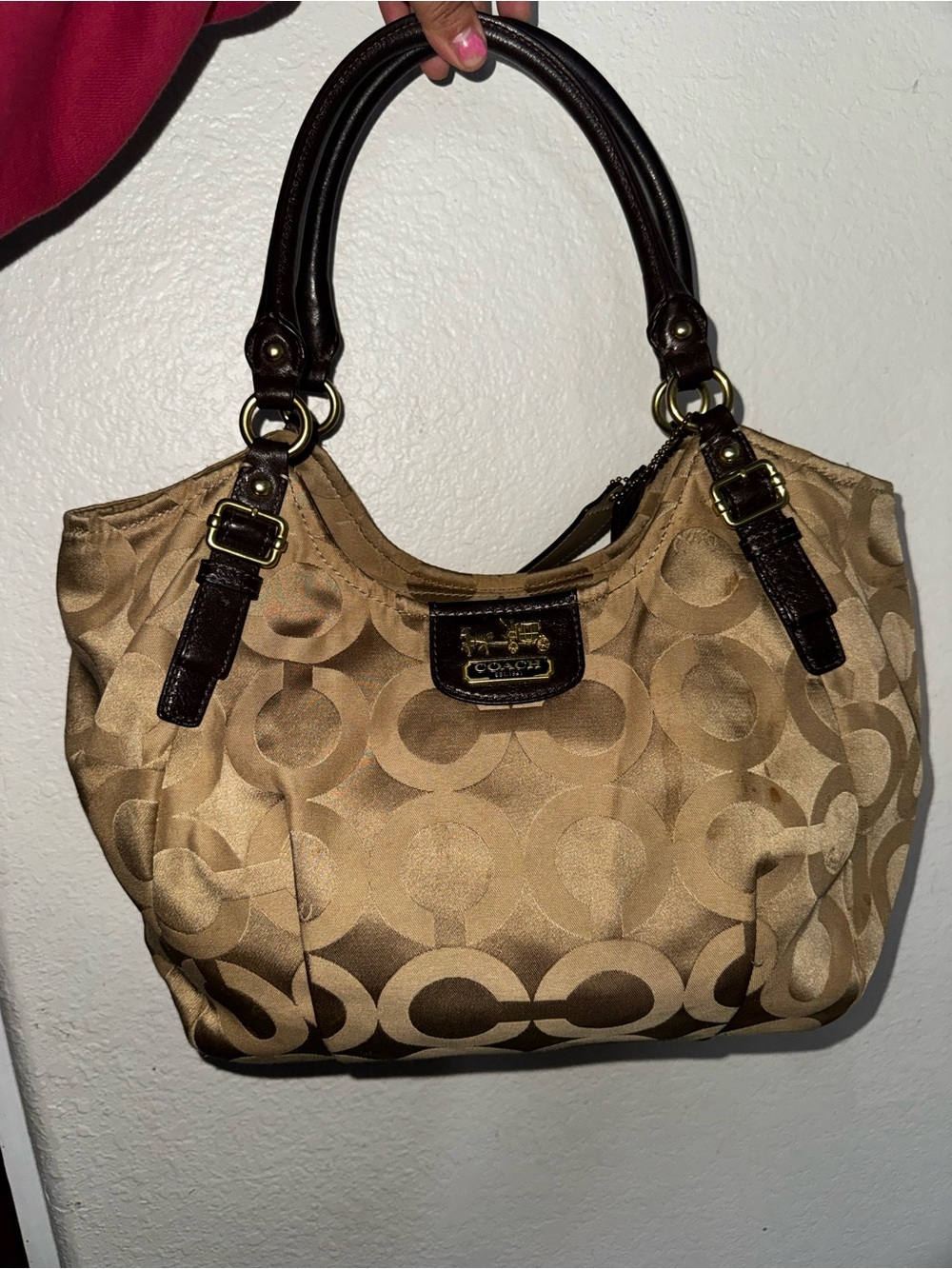 Coach Tan Signature Jacquard Shoulder Bag with Dark Brown Leather Trim